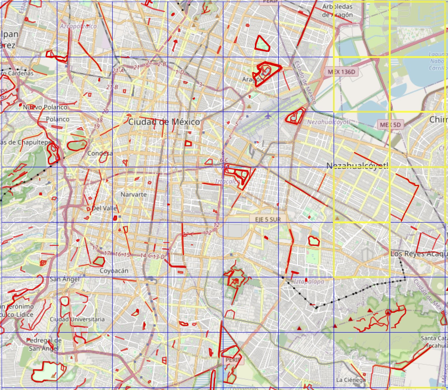 Cuadrícula de bounding boxes sobre CDMX